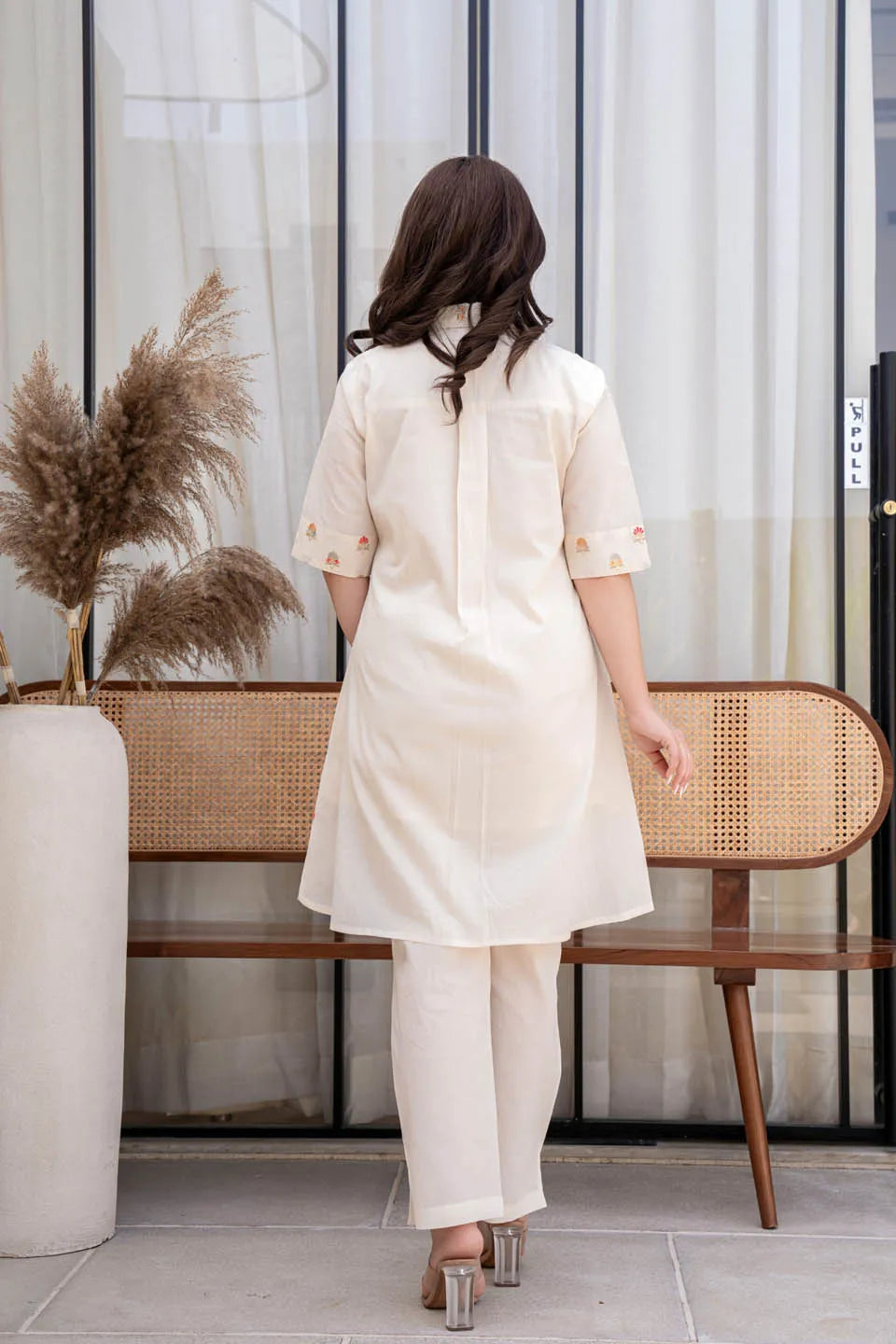 Off-White Embroidered Cotton Dobby Kurta with Boat Neck