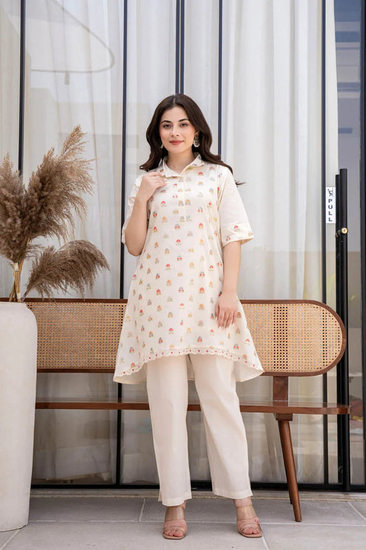 Off-White Embroidered Cotton Dobby Kurta with Boat Neck