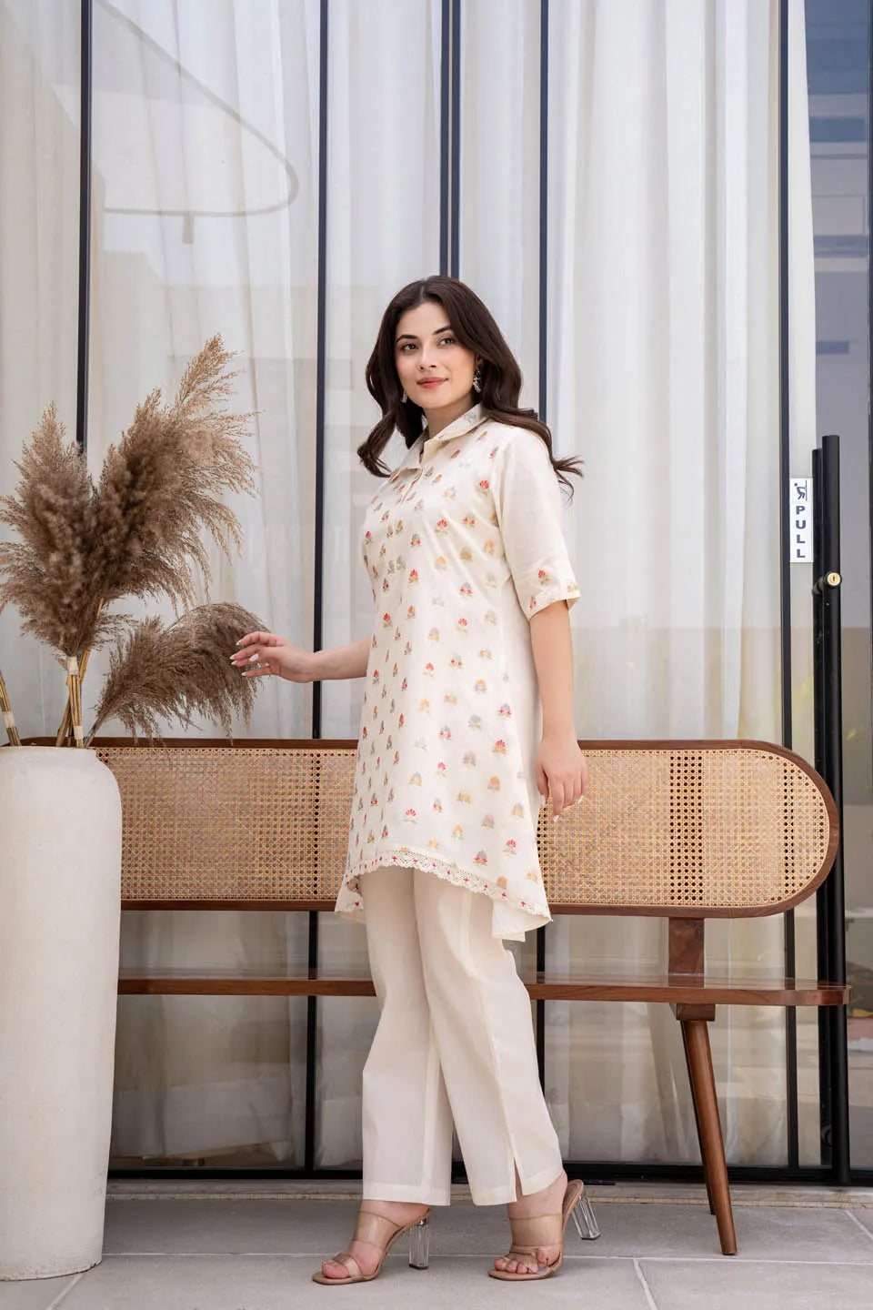 Off-White Embroidered Cotton Dobby Kurta with Boat Neck