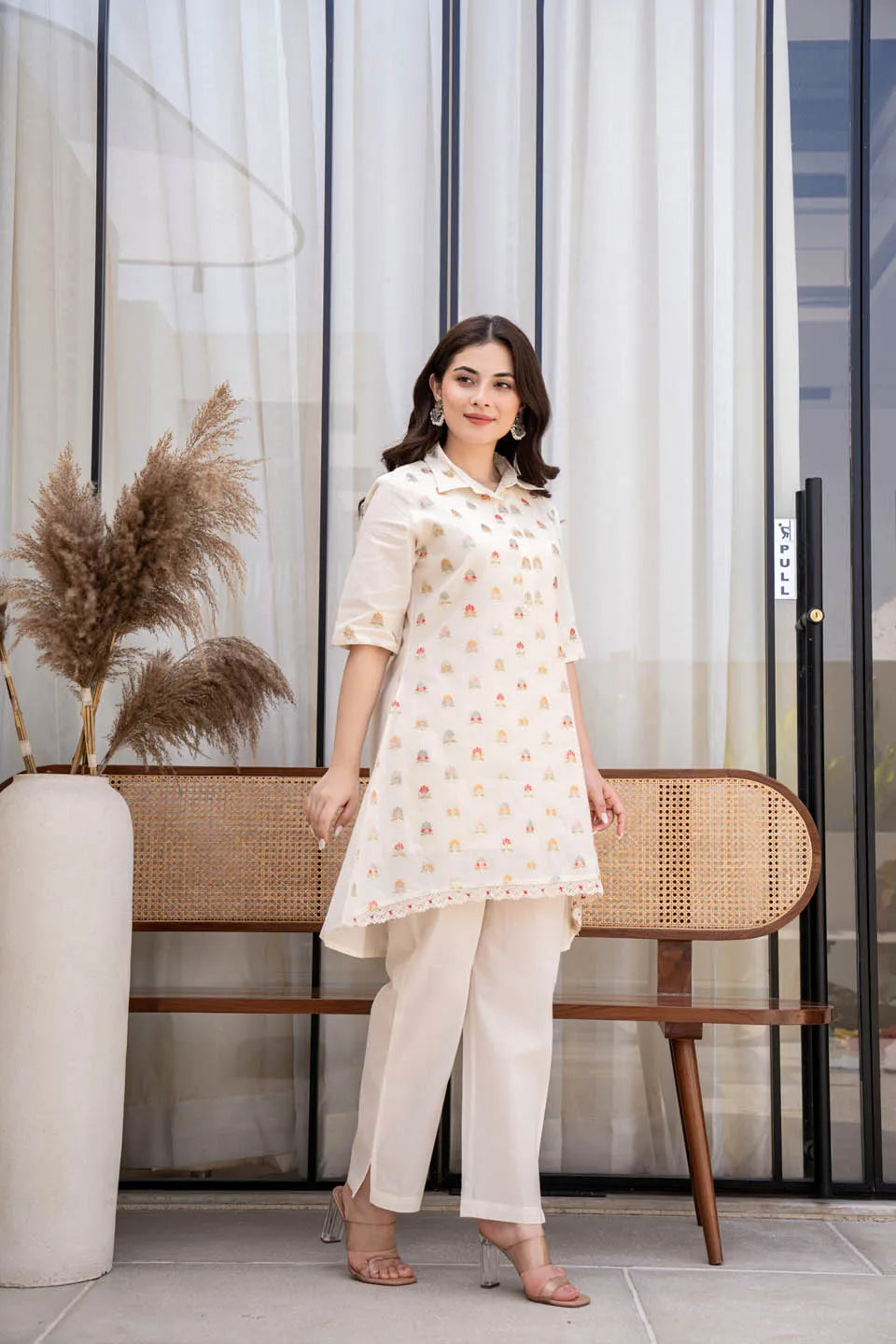 Off-White Embroidered Cotton Dobby Kurta with Boat Neck