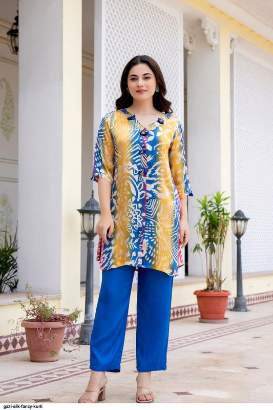 Gaji Silk Ethnic Co-ord Set - Multicolor Printed Kurti with Blue Pants